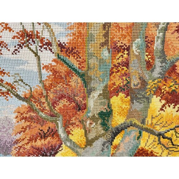 1997 Vintage Embroidered Picture Forest Lake Art With Wooden Frame 30" L x 25" H - Picture 8 of 16